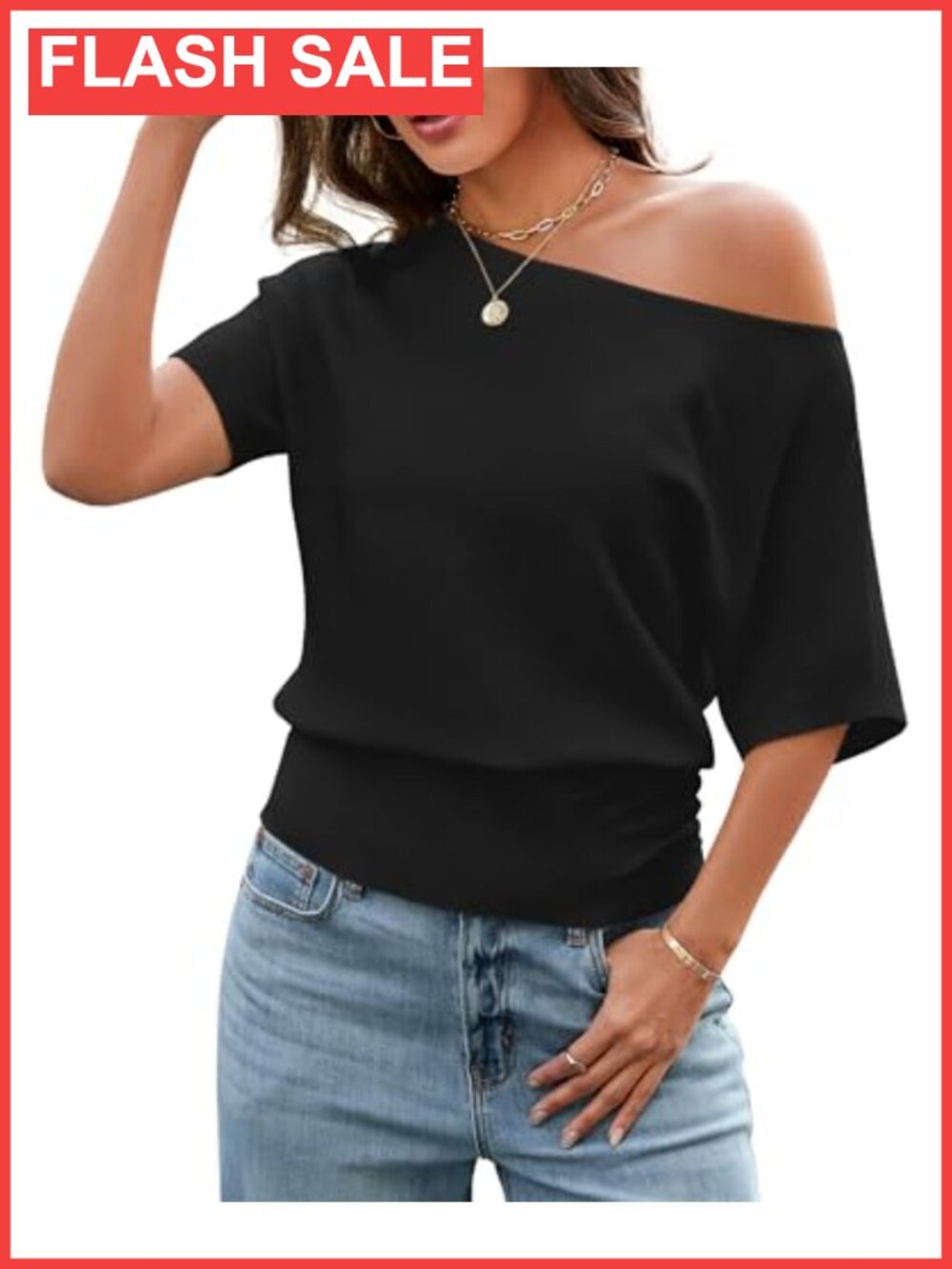 Off Shoulder Short Sleeve Batwing Sweater Cinched Waist Knit Top